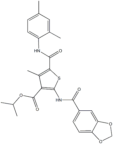 isopropyl 2-[(1,3-benzodioxol-5-ylcarbonyl)amino]-5-[(2,4-dimethylanilino)carbonyl]-4-methyl-3-thiophenecarboxylate Struktur