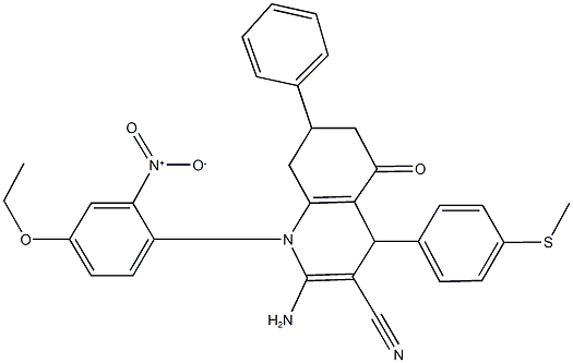 2-amino-1-{4-ethoxy-2-nitrophenyl}-4-[4-(methylsulfanyl)phenyl]-5-oxo-7-phenyl-1,4,5,6,7,8-hexahydro-3-quinolinecarbonitrile Struktur