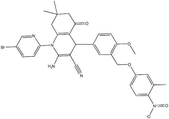 2-amino-1-(5-bromopyridin-2-yl)-4-[3-({4-nitro-3-methylphenoxy}methyl)-4-methoxyphenyl]-7,7-dimethyl-5-oxo-1,4,5,6,7,8-hexahydroquinoline-3-carbonitrile Struktur