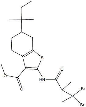 methyl 2-{[(2,2-dibromo-1-methylcyclopropyl)carbonyl]amino}-6-tert-pentyl-4,5,6,7-tetrahydro-1-benzothiophene-3-carboxylate Struktur