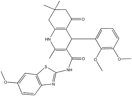 4-(2,3-dimethoxyphenyl)-N-(6-methoxy-1,3-benzothiazol-2-yl)-2,7,7-trimethyl-5-oxo-1,4,5,6,7,8-hexahydro-3-quinolinecarboxamide Struktur