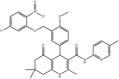 4-[3-({5-fluoro-2-nitrophenoxy}methyl)-4-methoxyphenyl]-2,7,7-trimethyl-N-(5-methylpyridin-2-yl)-5-oxo-1,4,5,6,7,8-hexahydroquinoline-3-carboxamide Struktur