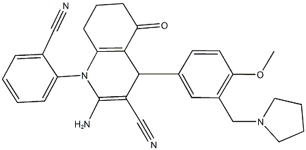 2-amino-1-(2-cyanophenyl)-4-[4-methoxy-3-(pyrrolidin-1-ylmethyl)phenyl]-5-oxo-1,4,5,6,7,8-hexahydroquinoline-3-carbonitrile Struktur