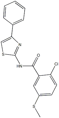 2-chloro-5-(methylsulfanyl)-N-(4-phenyl-1,3-thiazol-2-yl)benzamide Struktur