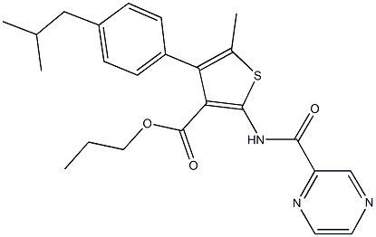 propyl 4-(4-isobutylphenyl)-5-methyl-2-[(2-pyrazinylcarbonyl)amino]-3-thiophenecarboxylate Struktur