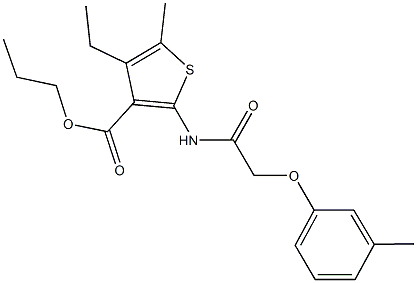 propyl 4-ethyl-5-methyl-2-{[(3-methylphenoxy)acetyl]amino}-3-thiophenecarboxylate Struktur