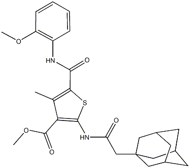 methyl 2-[(1-adamantylacetyl)amino]-5-[(2-methoxyanilino)carbonyl]-4-methyl-3-thiophenecarboxylate Struktur