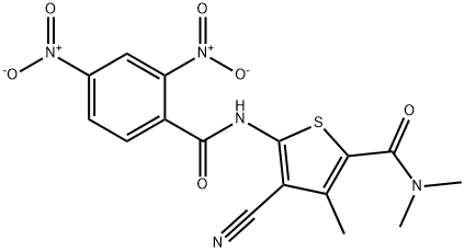 5-({2,4-bisnitrobenzoyl}amino)-4-cyano-N,N,3-trimethylthiophene-2-carboxamide Struktur