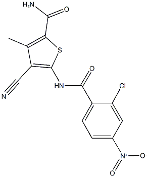 5-({2-chloro-4-nitrobenzoyl}amino)-4-cyano-3-methylthiophene-2-carboxamide Struktur