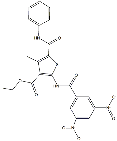 ethyl 5-(anilinocarbonyl)-2-({3,5-bisnitrobenzoyl}amino)-4-methylthiophene-3-carboxylate Struktur