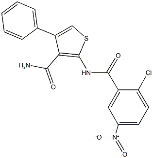 2-({2-chloro-5-nitrobenzoyl}amino)-4-phenyl-3-thiophenecarboxamide Struktur