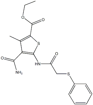 ethyl 4-(aminocarbonyl)-3-methyl-5-{[(phenylsulfanyl)acetyl]amino}thiophene-2-carboxylate Struktur