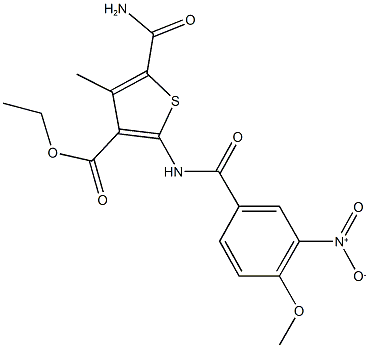 ethyl 5-(aminocarbonyl)-2-({3-nitro-4-methoxybenzoyl}amino)-4-methyl-3-thiophenecarboxylate Struktur