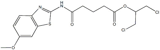 2-chloro-1-(chloromethyl)ethyl 5-[(6-methoxy-1,3-benzothiazol-2-yl)amino]-5-oxopentanoate Struktur