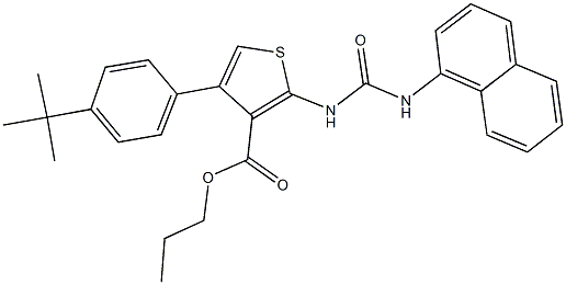 propyl 4-(4-tert-butylphenyl)-2-{[(1-naphthylamino)carbonyl]amino}-3-thiophenecarboxylate Struktur