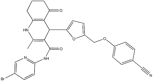 N-(5-bromo-2-pyridinyl)-4-{5-[(4-cyanophenoxy)methyl]-2-furyl}-2-methyl-5-oxo-1,4,5,6,7,8-hexahydro-3-quinolinecarboxamide Struktur