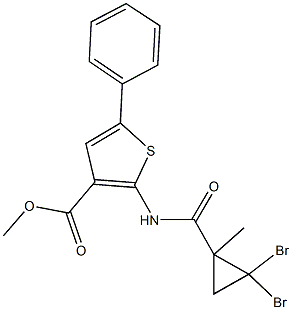 methyl 2-{[(2,2-dibromo-1-methylcyclopropyl)carbonyl]amino}-5-phenyl-3-thiophenecarboxylate Struktur