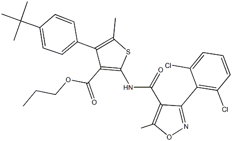 propyl 4-(4-tert-butylphenyl)-2-({[3-(2,6-dichlorophenyl)-5-methylisoxazol-4-yl]carbonyl}amino)-5-methylthiophene-3-carboxylate Struktur