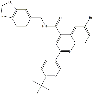 N-(1,3-benzodioxol-5-ylmethyl)-6-bromo-2-(4-tert-butylphenyl)-4-quinolinecarboxamide Struktur