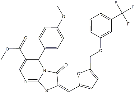 methyl 5-(4-methoxyphenyl)-7-methyl-3-oxo-2-[(5-{[3-(trifluoromethyl)phenoxy]methyl}-2-furyl)methylene]-2,3-dihydro-5H-[1,3]thiazolo[3,2-a]pyrimidine-6-carboxylate Struktur