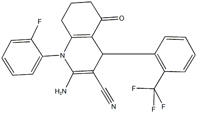 2-amino-1-(2-fluorophenyl)-5-oxo-4-[2-(trifluoromethyl)phenyl]-1,4,5,6,7,8-hexahydro-3-quinolinecarbonitrile Struktur