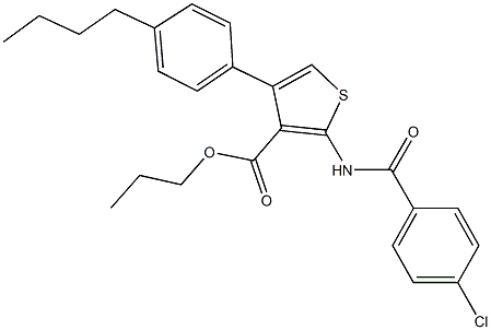 propyl 4-(4-butylphenyl)-2-[(4-chlorobenzoyl)amino]-3-thiophenecarboxylate Struktur