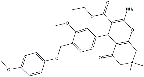 ethyl 2-amino-4-{3-methoxy-4-[(4-methoxyphenoxy)methyl]phenyl}-7,7-dimethyl-5-oxo-5,6,7,8-tetrahydro-4H-chromene-3-carboxylate Struktur