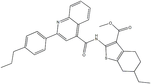 methyl 6-ethyl-2-({[2-(4-propylphenyl)-4-quinolinyl]carbonyl}amino)-4,5,6,7-tetrahydro-1-benzothiophene-3-carboxylate Struktur