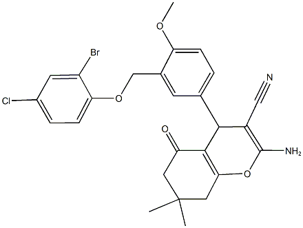 2-amino-4-{3-[(2-bromo-4-chlorophenoxy)methyl]-4-methoxyphenyl}-7,7-dimethyl-5-oxo-5,6,7,8-tetrahydro-4H-chromene-3-carbonitrile Struktur