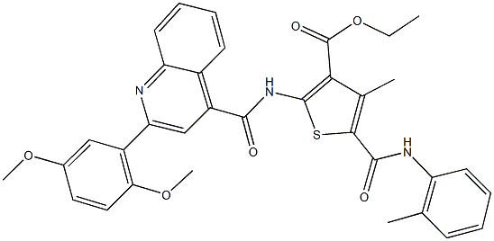 ethyl 2-({[2-(2,5-dimethoxyphenyl)-4-quinolinyl]carbonyl}amino)-4-methyl-5-(2-toluidinocarbonyl)-3-thiophenecarboxylate Struktur