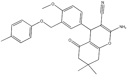 2-amino-4-{4-methoxy-3-[(4-methylphenoxy)methyl]phenyl}-7,7-dimethyl-5-oxo-5,6,7,8-tetrahydro-4H-chromene-3-carbonitrile Struktur