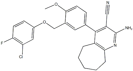 2-amino-4-{3-[(3-chloro-4-fluorophenoxy)methyl]-4-methoxyphenyl}-6,7,8,9-tetrahydro-5H-cyclohepta[b]pyridine-3-carbonitrile Struktur