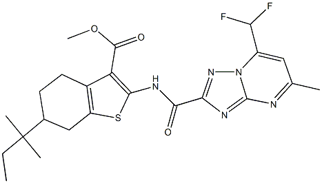 methyl 2-({[7-(difluoromethyl)-5-methyl[1,2,4]triazolo[1,5-a]pyrimidin-2-yl]carbonyl}amino)-6-tert-pentyl-4,5,6,7-tetrahydro-1-benzothiophene-3-carboxylate Struktur