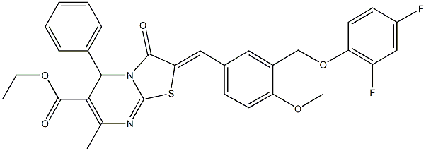 ethyl 2-{3-[(2,4-difluorophenoxy)methyl]-4-methoxybenzylidene}-7-methyl-3-oxo-5-phenyl-2,3-dihydro-5H-[1,3]thiazolo[3,2-a]pyrimidine-6-carboxylate Struktur