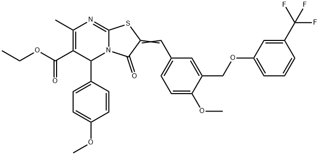 ethyl 5-(4-methoxyphenyl)-2-(4-methoxy-3-{[3-(trifluoromethyl)phenoxy]methyl}benzylidene)-7-methyl-3-oxo-2,3-dihydro-5H-[1,3]thiazolo[3,2-a]pyrimidine-6-carboxylate Struktur