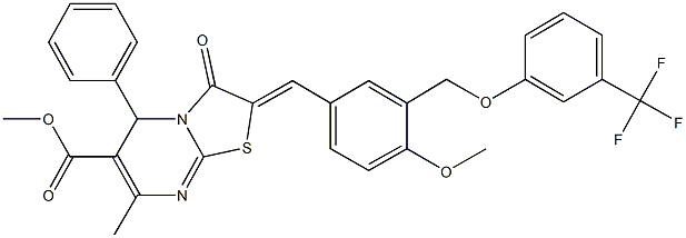 methyl 2-(4-methoxy-3-{[3-(trifluoromethyl)phenoxy]methyl}benzylidene)-7-methyl-3-oxo-5-phenyl-2,3-dihydro-5H-[1,3]thiazolo[3,2-a]pyrimidine-6-carboxylate Struktur