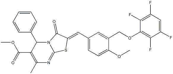 methyl 2-{4-methoxy-3-[(2,3,5,6-tetrafluorophenoxy)methyl]benzylidene}-7-methyl-3-oxo-5-phenyl-2,3-dihydro-5H-[1,3]thiazolo[3,2-a]pyrimidine-6-carboxylate Struktur