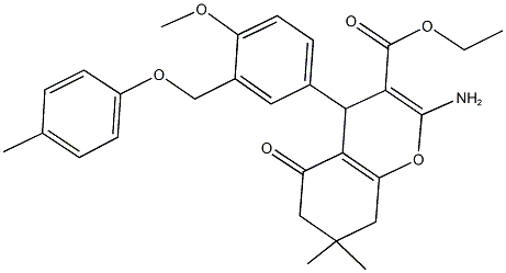 ethyl 2-amino-4-{4-methoxy-3-[(4-methylphenoxy)methyl]phenyl}-7,7-dimethyl-5-oxo-5,6,7,8-tetrahydro-4H-chromene-3-carboxylate Struktur