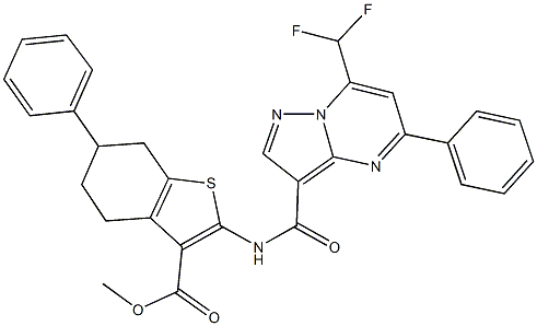 methyl 2-({[7-(difluoromethyl)-5-phenylpyrazolo[1,5-a]pyrimidin-3-yl]carbonyl}amino)-6-phenyl-4,5,6,7-tetrahydro-1-benzothiophene-3-carboxylate Struktur