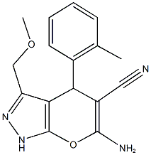 6-amino-3-(methoxymethyl)-4-(2-methylphenyl)-1,4-dihydropyrano[2,3-c]pyrazole-5-carbonitrile Struktur