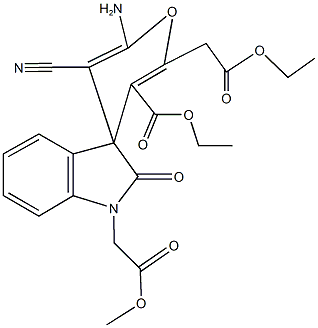 methyl (6'-amino-5'-cyano-3'-ethoxycarbonyl-2'-(2'-ethoxy-2'-oxoethyl)-2-oxo-2,3-dihydrospiro[1H-indole-3,4'-(4'H)-pyran]-1-yl)acetate Struktur