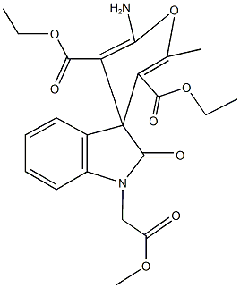 5-tert-butyl 3-ethyl 2-amino-1',3'-dihydro-1'-(2-methoxy-2-oxoethyl)-6-methyl-2'-oxospiro[4H-pyran-4,3'-(2'H)-indole]-3,5-dicarboxylate Struktur