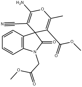 methyl (6'-amino-5'-cyano-2'-methyl-3'-methoxycarbonyl-2-oxo-2,3-dihydrospiro[1H-indol-3,4'-(4'H)-pyran]-1-yl)acetate Struktur