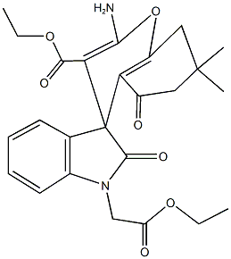 ethyl 2-amino-7,7-dimethyl-2',5-dioxo-1'-(2-ethoxy-2-oxoethyl)-5,6,7,8-tetrahydrospiro[4H-chromene-4,3'-(2'H)-indole]-3-carboxylate Struktur