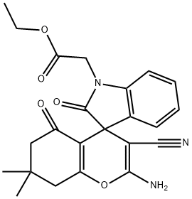 ethyl (2'-amino-3'-cyano-2,5'dioxo-2,3,5',6',7',8'-hexahydro-7',7'-dimethylspiro[1H-indole-3,8'-(4'H)-chromene]-1-yl)acetate Struktur