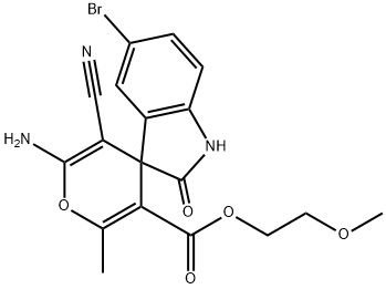 6-amino-5'-bromo-5-cyano-1',3'-dihydro-3-{2-methoxyethoxycarbonyl}-2-methyl-2'-oxospiro[4H-pyran-4,3'-(2'H)-indole] Struktur