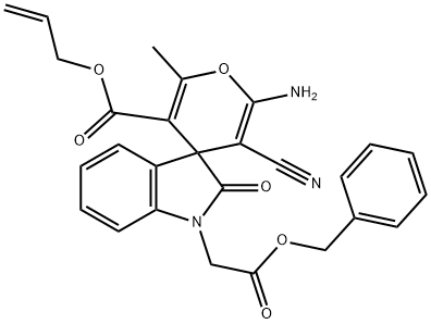 benzyl (3'-[(allyloxy)carbonyl]-6'-amino-5'-cyano-2,3-dihydro-2'-methyl-2-oxo-[1H-indole-3,4'-(4'H)-pyran]-1-yl)acetate Struktur