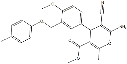 methyl 6-amino-5-cyano-4-{4-methoxy-3-[(4-methylphenoxy)methyl]phenyl}-2-methyl-4H-pyran-3-carboxylate Struktur