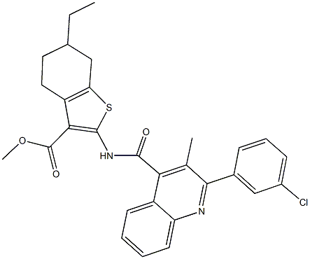 methyl 2-({[2-(3-chlorophenyl)-3-methyl-4-quinolinyl]carbonyl}amino)-6-ethyl-4,5,6,7-tetrahydro-1-benzothiophene-3-carboxylate Struktur