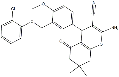 2-amino-4-{3-[(2-chlorophenoxy)methyl]-4-methoxyphenyl}-7,7-dimethyl-5-oxo-5,6,7,8-tetrahydro-4H-chromene-3-carbonitrile Struktur